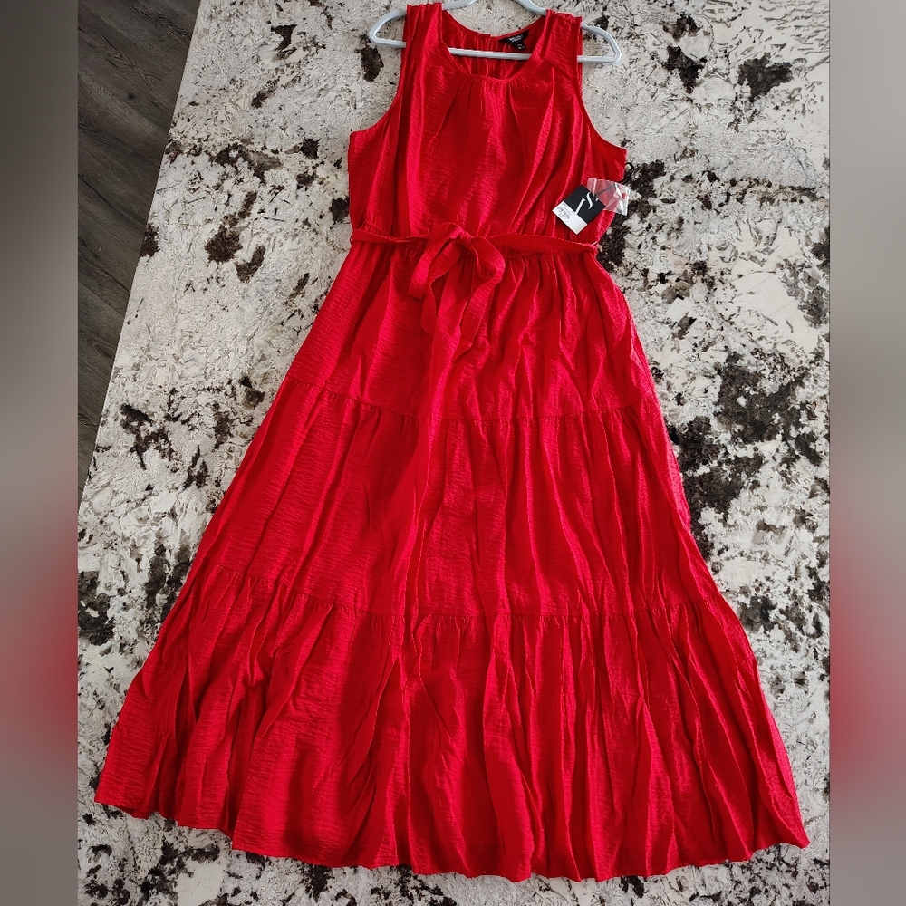 Red Sleeveless Tiered Maxi Dress with Waist Tie - Women